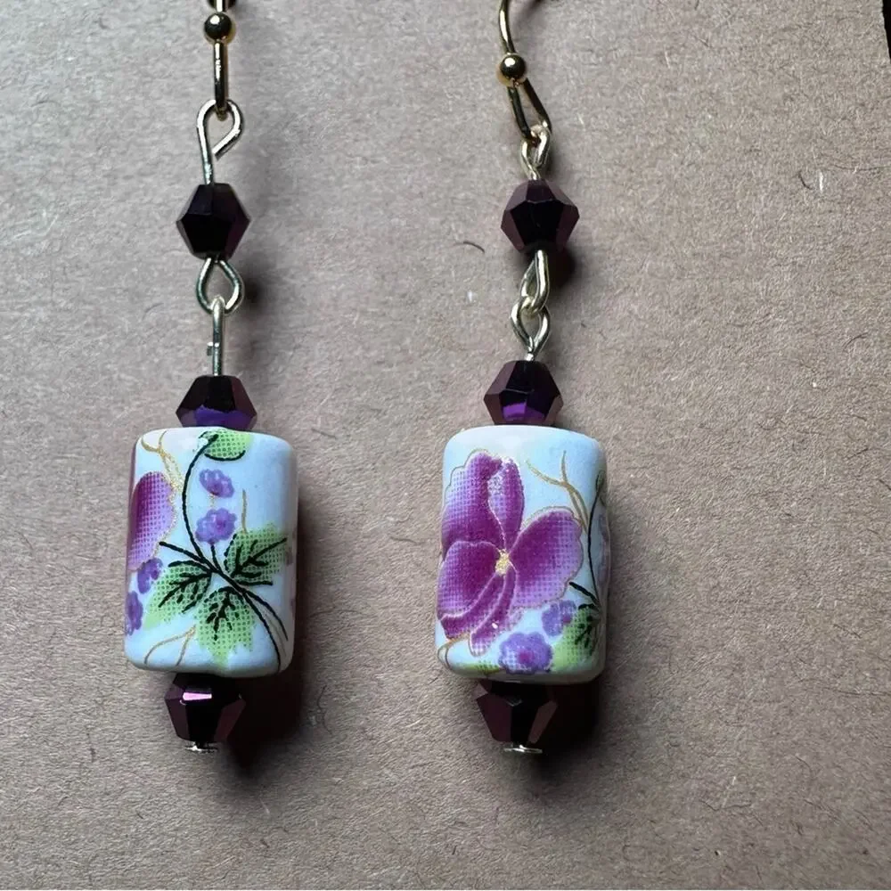 Purple flower earrings handmade ceramic bead